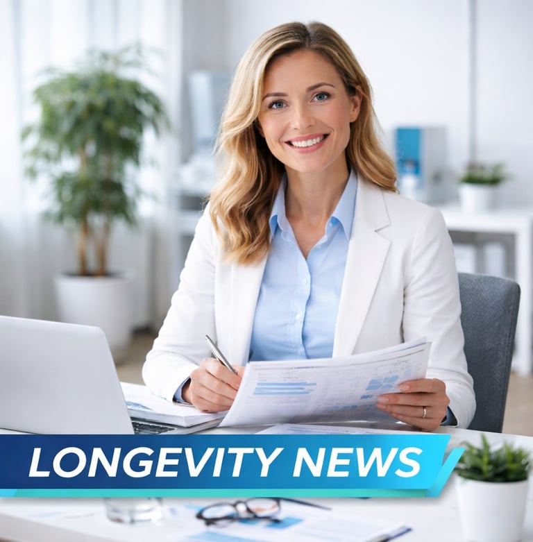 Smiling female professional at a desk with paperwork for Longevity News business updates.