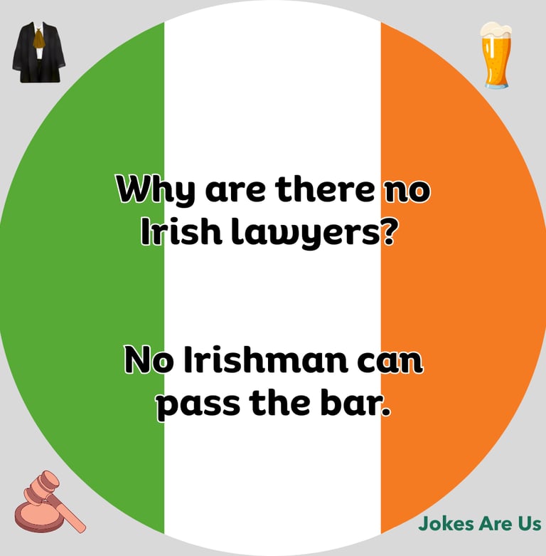 Joke with a text, "Why are there no Irish lawyers? No Irishman can pass the bar."