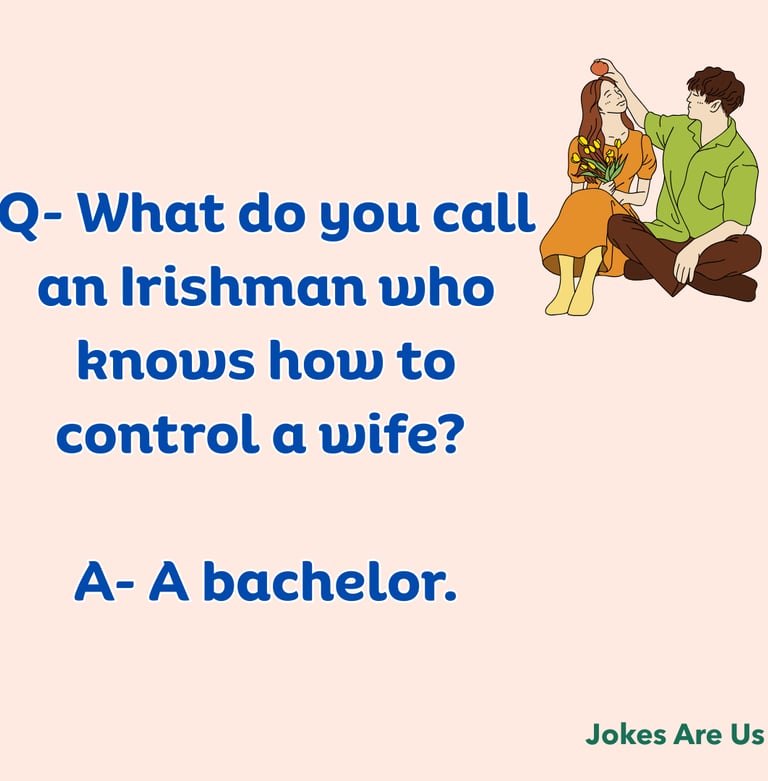 Written Text, "Q. What do you call an Irishman who knows how to control a wife? A. A bachelor."