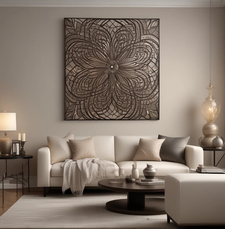 A busy market stall filled with a variety of shiny brass and copper kitchenware and decorative items. The items are stacked high on shelves and tables, reflecting the light and creating a warm, metallic ambiance. A person is sitting among the items, partially obscured by the abundance of metallic goods.