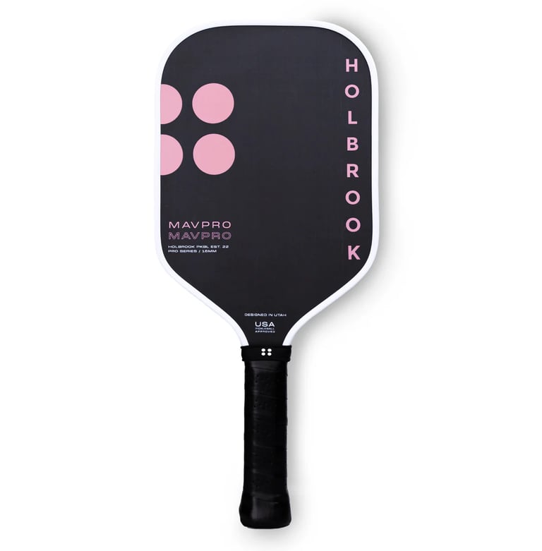  Holbrook MAV Pro pickleball paddle in black with pink accents, designed in Utah, USA.