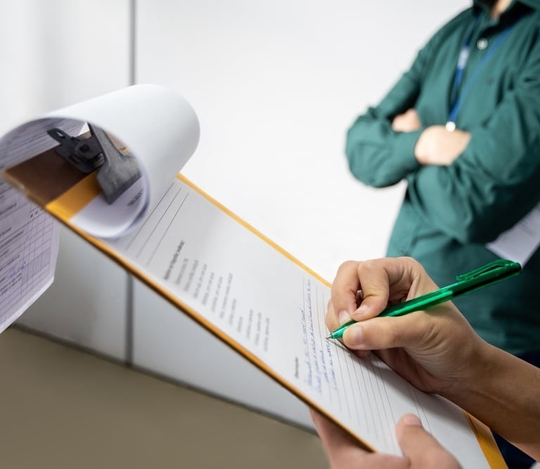 A person writing on paper on a clipboard