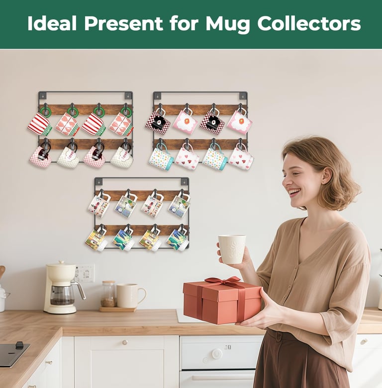 Mug Holder Hanger Rack Wall Mounted Wooden 3 Pack Coffee Cup Storage