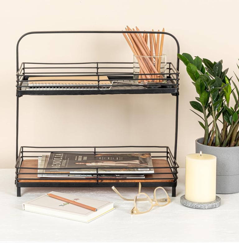  Creative Co-Op 2-Tier Acacia Wood & Metal Stand