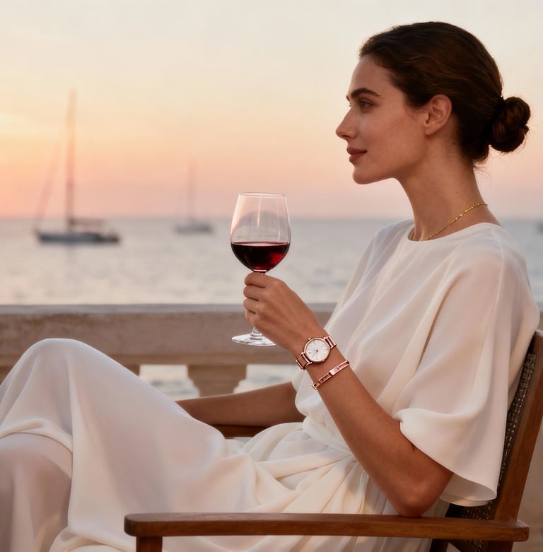 woman wearing an elegant watch while enjoying sunset by the sea with a glass of wine