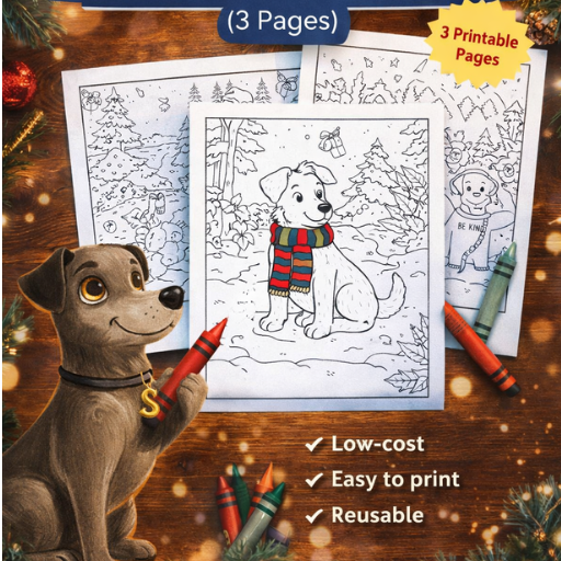 Samson’s Coloring Pack with a friendly storybook dog holding a red crayon and three printable black-and-white coloring pages.