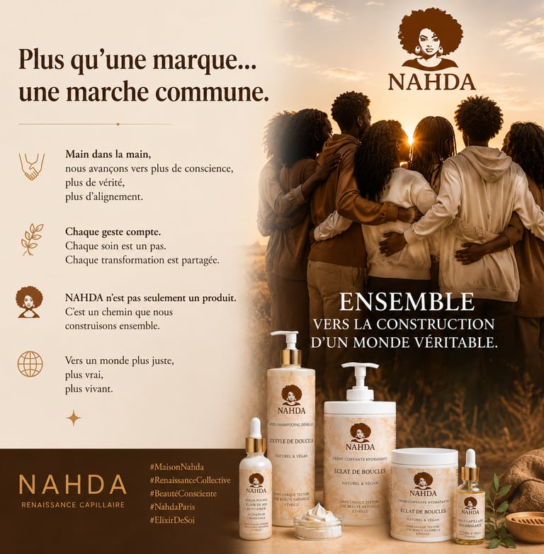 Nahda natural hair care products displayed in front of a group embracing at sunset for conscious beauty.