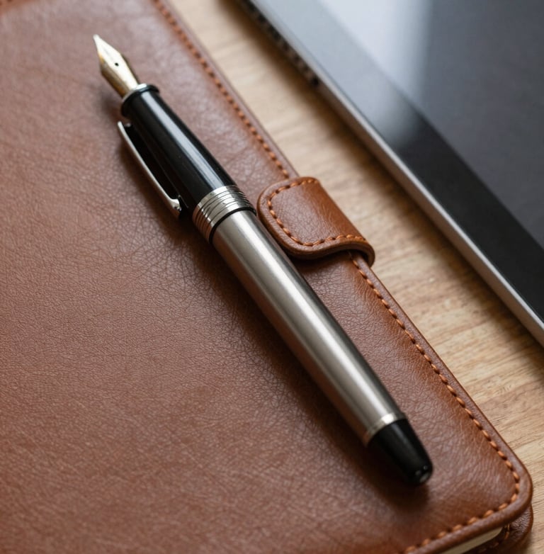 A close-up of a high-end fountain pen resting on a leather-bound notebook next to a modern tablet. Soft, warm lighting highlighting textures of leather and metal. Professional desk setting in North American / US.