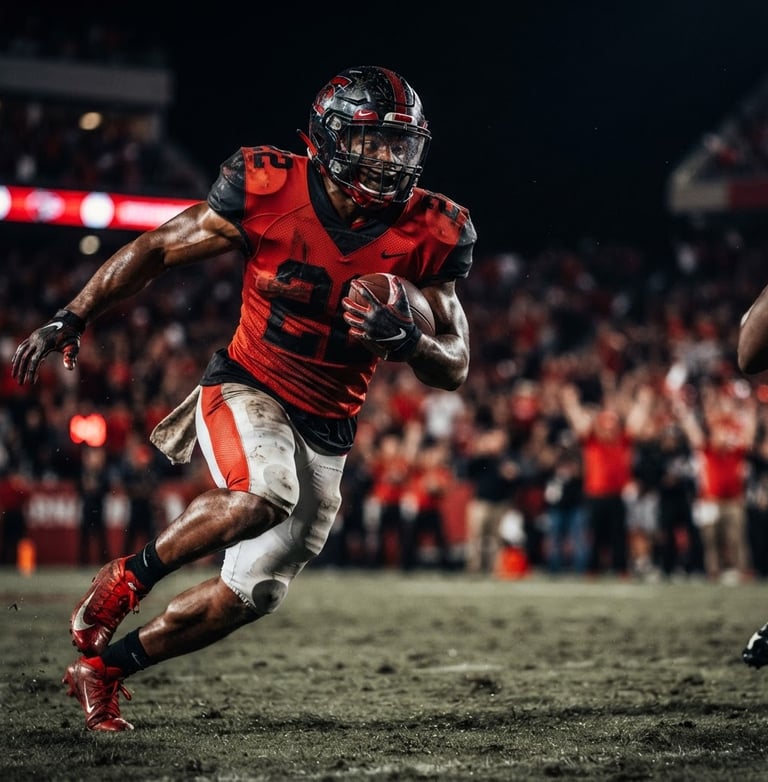 A dynamic shot of a football player in mid-action, sharp and high-contrast, stadium lighting, deep black and vibrant red tones, crisp details, 35mm, bleeding to the right edge of the frame.