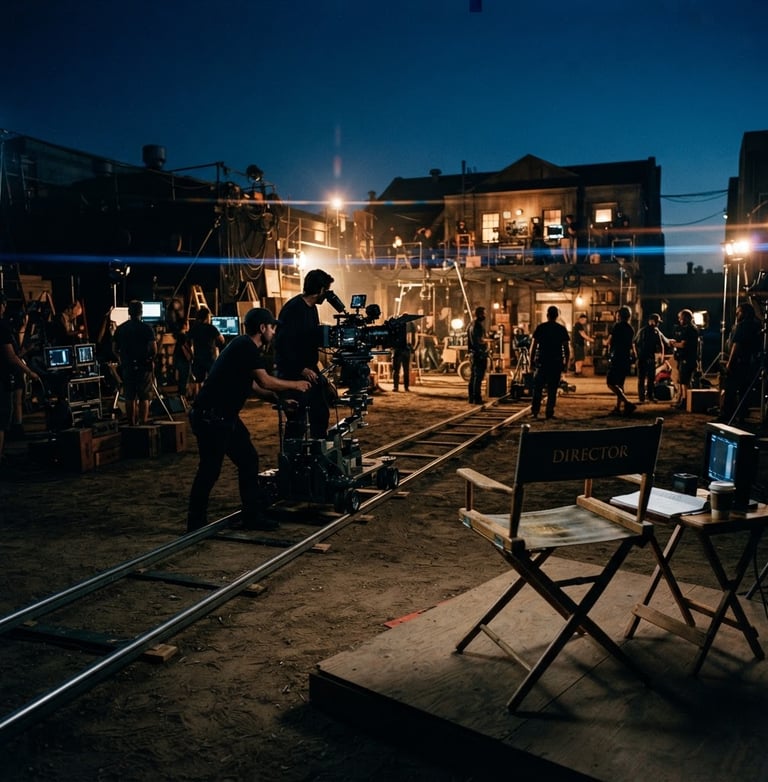 Wide panoramic view of a film set, a director's chair in the foreground to the right, a high-end camera rig with anamorphic lens on tracks in the mid-ground, crew members silhouetted against dramatic low-light, lens flares, deep shadows, rich gold and twilight blue tones, 35mm film grain.
