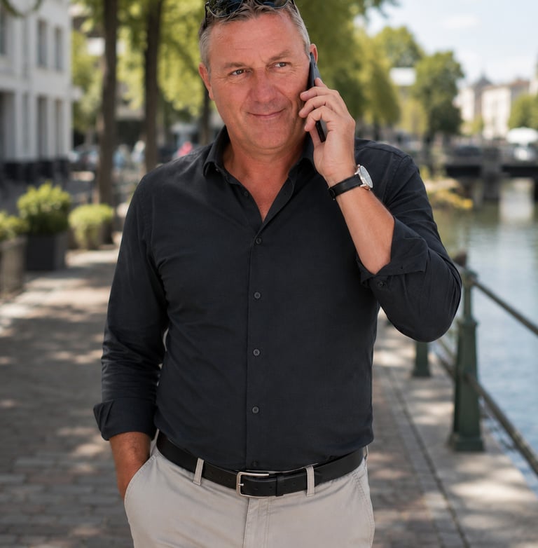A middle-aged man in a black button-down shirt talking on a smartphone while walking along a sunny canal path.