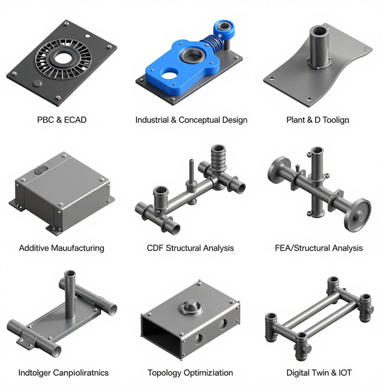 3D parametric CAD industrial design rendering of a metal fan enclosure with mechanical engineering service list.