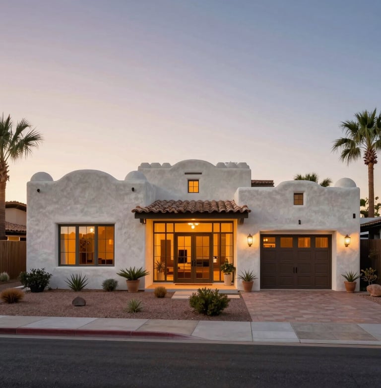 Modern Spanish colonial revival home with white stucco walls, terracotta roof tiles, and desert landscaping at dusk.