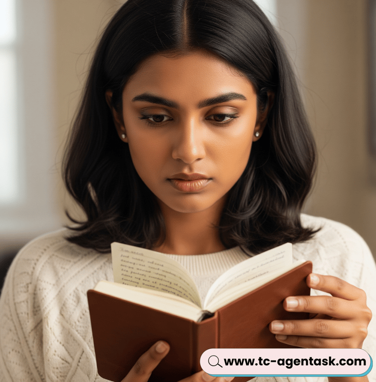 a woman in a white sweater is holding a book