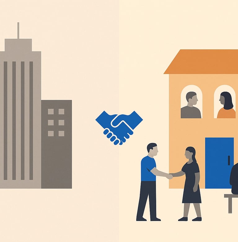Split graphic showing a corporate office on one side and a home scene with a handshake on the other,