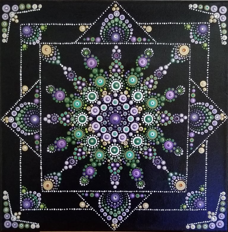 Dotted 3 squares within each other in purple, green, gold, with crystals, black background.