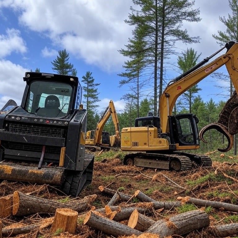 Heavy logging machinery including an excavator safely clearing timber in a forest.