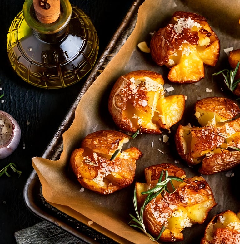 a tray of baked potatoes with rosemary sprigs