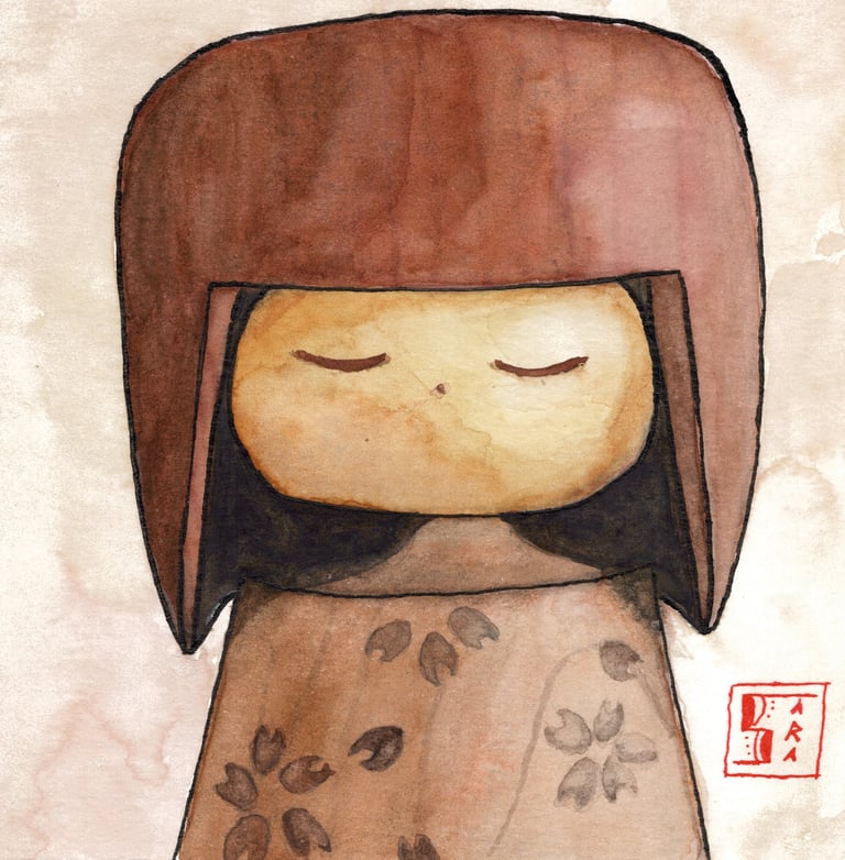 Watercolor illustration of a traditional Japanese kokeshi doll with brown hair and floral kimono.