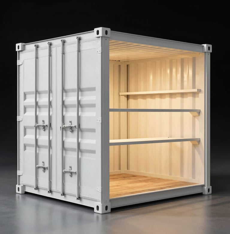 White modified shipping container with built-in storage shelves and wood flooring for a portable workspace.