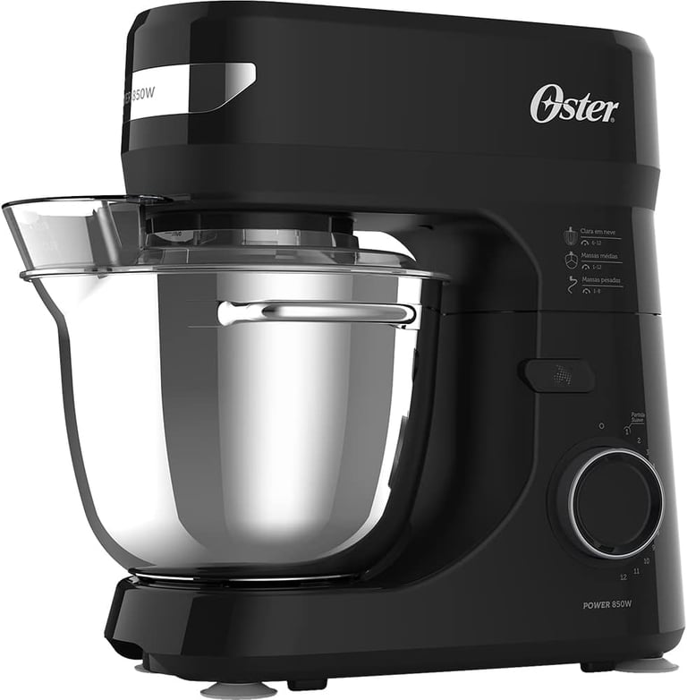 Black Oster planetary stand mixer with a stainless steel mixing bowl and splash guard.