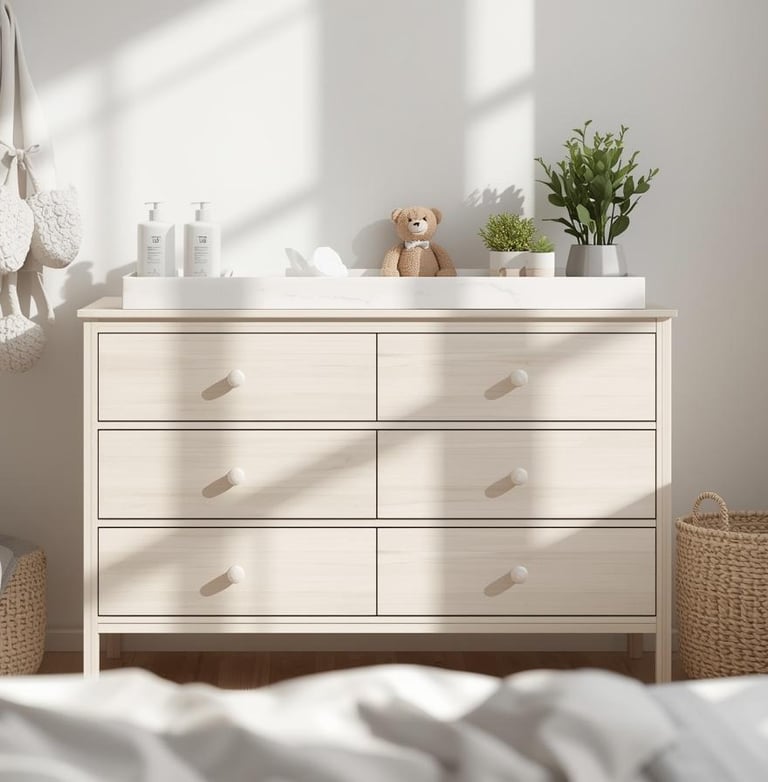 witte houten commode in een lichte babykamer met verzorgingsproducten en een knuffelbeer