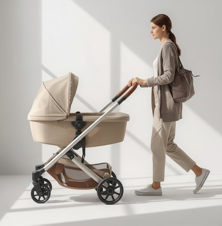 Vrouw achter een moderne beige kinderwagen