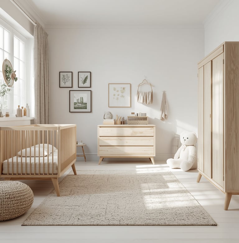 sfeervolle houten babykamer met een minimalistische ledikant, commode en natuurlijke decoratie.