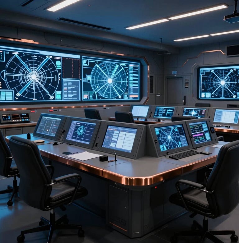 Wide panoramic high-tech military-grade control room, multiple glowing screens with tactical maps, cool low-key blue ambient lighting with sharp copper reflections, 35mm lens