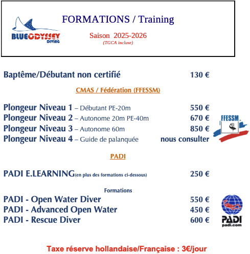 Tarifs des Certifications CMAS/FFESSM