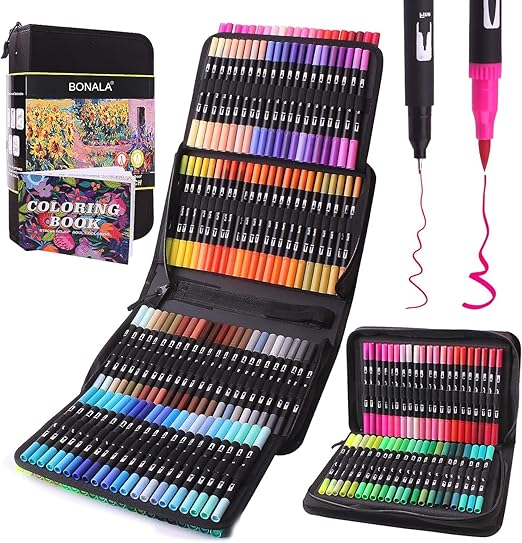 A 100-color set of dual tip brush pens in a black carrying case with a coloring book.