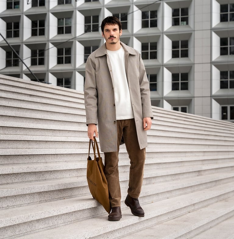 Portrait d’un homme élégant marchant sur les marches de La Défense, sac à la main, dans un décor urbain graphique et structur