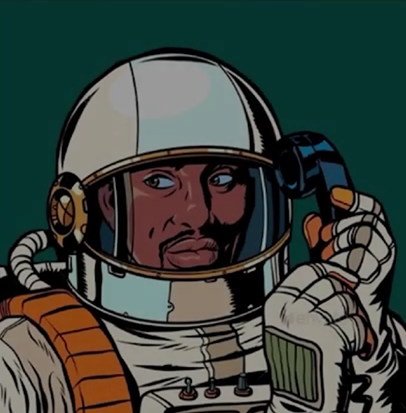 a man in a space suit talking on the phone