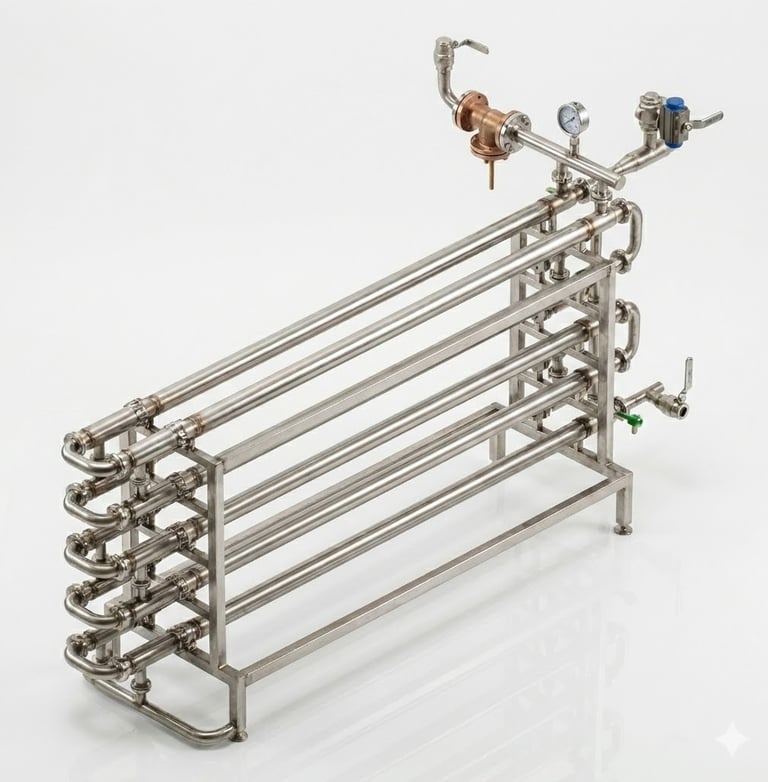 Industrial stainless steel double pipe heat exchanger with pressure gauges for thermal processing.