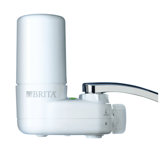 Brita faucet mount water filter system for lead and chlorine removal in white.