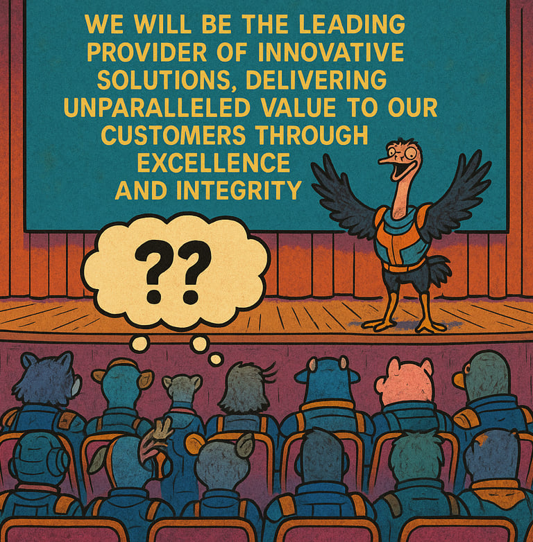cartoon of anthropomorphic bird on stage in front of a screen displaying corporate buzzwords with ??