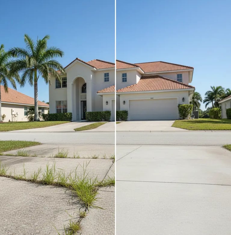 split screen comparison, left side is a badly cracked concrete with weeds growing, right side same area completely repaired