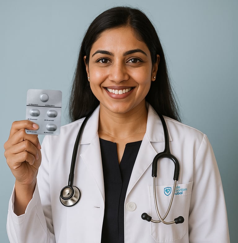 Dr. Divya holding Mifepristone & Misoprostol safe abortion pills – trusted guidance in Dubai