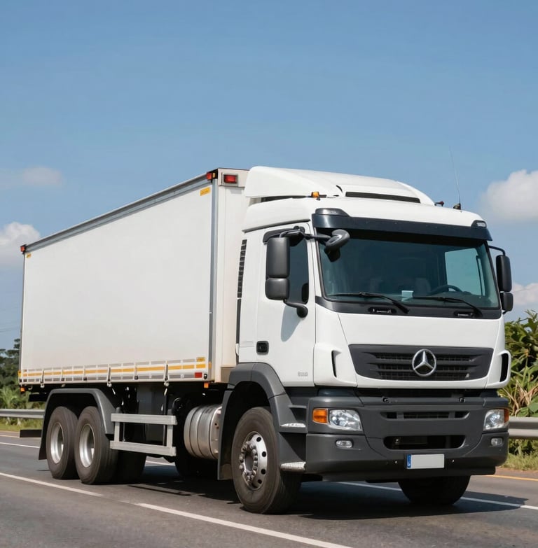 Low-angle heroic shot of a clean heavy-duty cargo truck driving on a wide Brazilian highway during bright daylight, high contrast