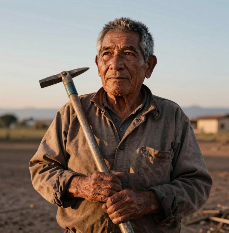 Retrato de un trabajador mexicano de edad avanzada con expresión digna y sabia, manos callosas sosteniendo una herramienta de trabajo tradicional, luz natural cálida de atardecer, tonos terrosos, mirada hacia el horizonte.