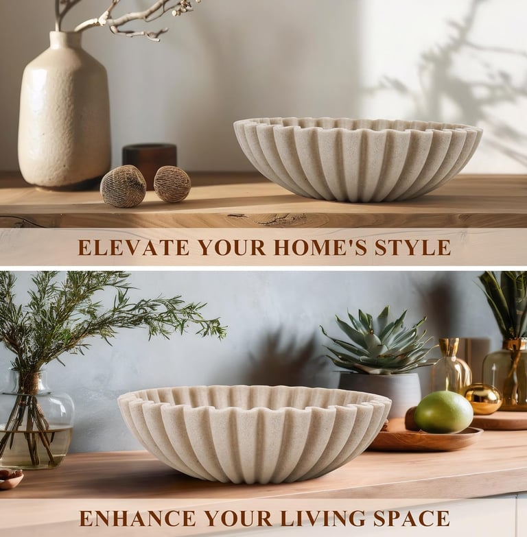 Modern fluted stone decorative bowl styled on a wooden shelf with minimalist home decor and plants.