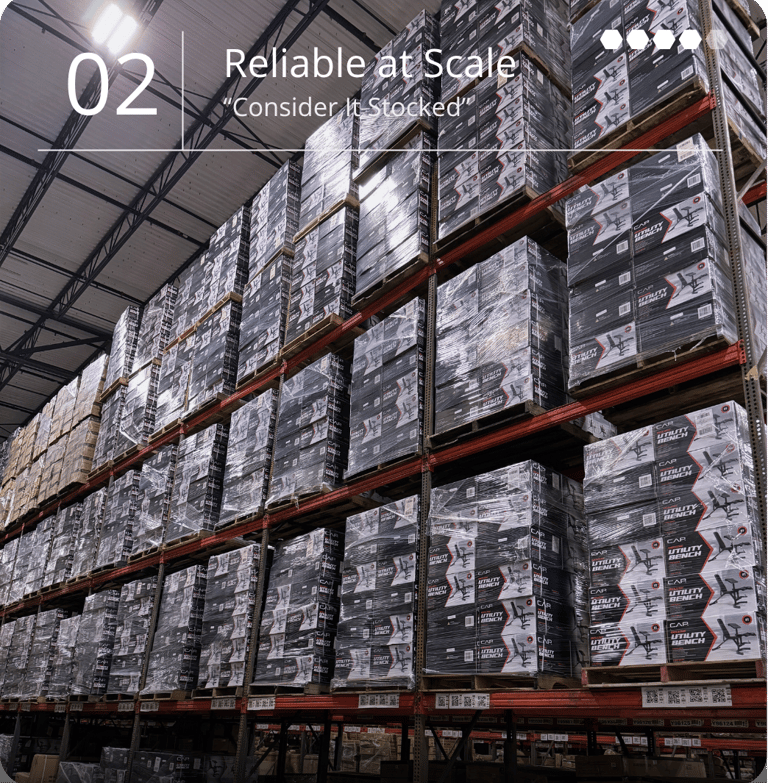 Large inventory of wholesale fitness equipment ready to ship from the Maviet Supplies warehouse.