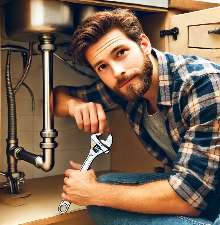A handyman in London repairing a kitchen sink, using a wrench to fix a pipe in a well-lit kitchen.