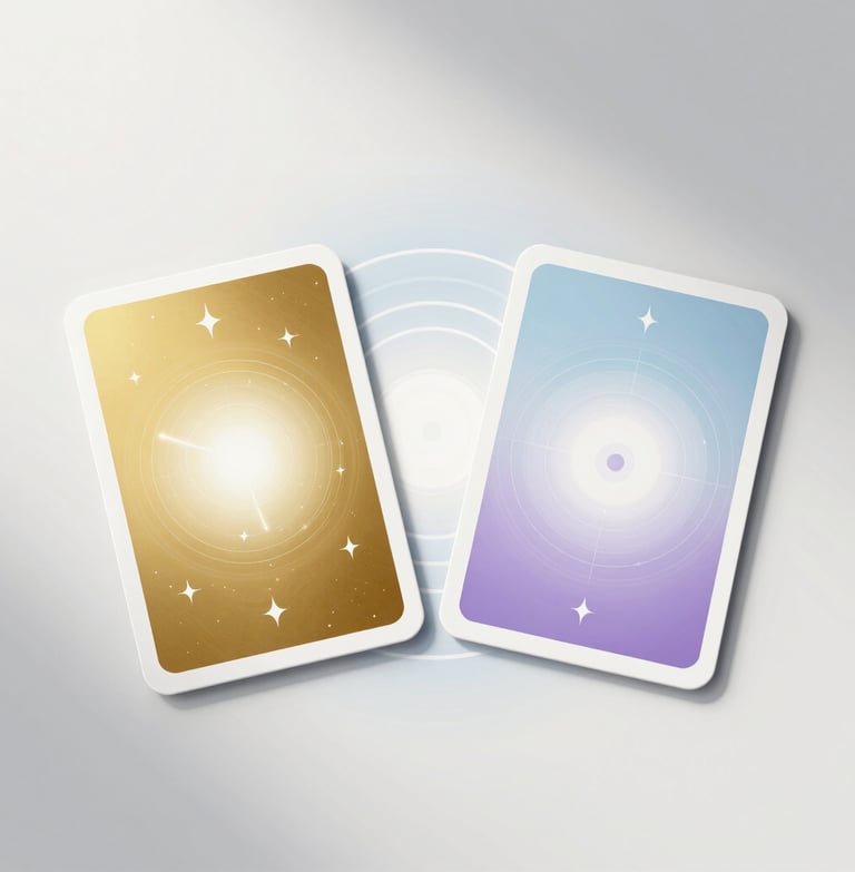 Calm, warm-toned cards spread gently on a wooden table with soft natural light.