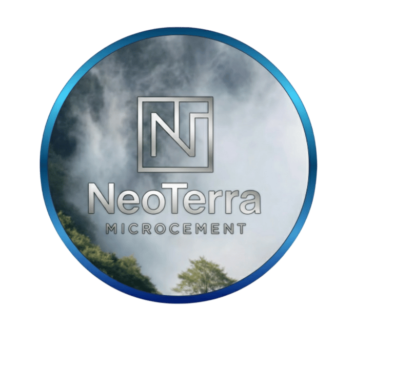 NeoTerra Microcement logo in a circular frame with a misty mountain landscape in the background.