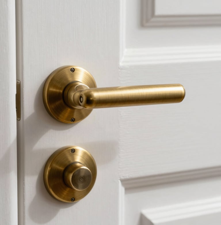 Extreme close-up of a brushed brass door handle on a white lacquered door, natural daylight from the left casting a soft edge shadow, architectural detail, no people