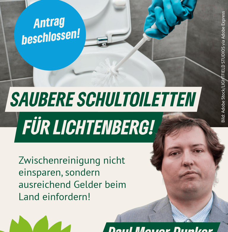 Sharepic zum Antrag mit dem Foto einer Toilette, die mit einer Klobürste geputzt wird.