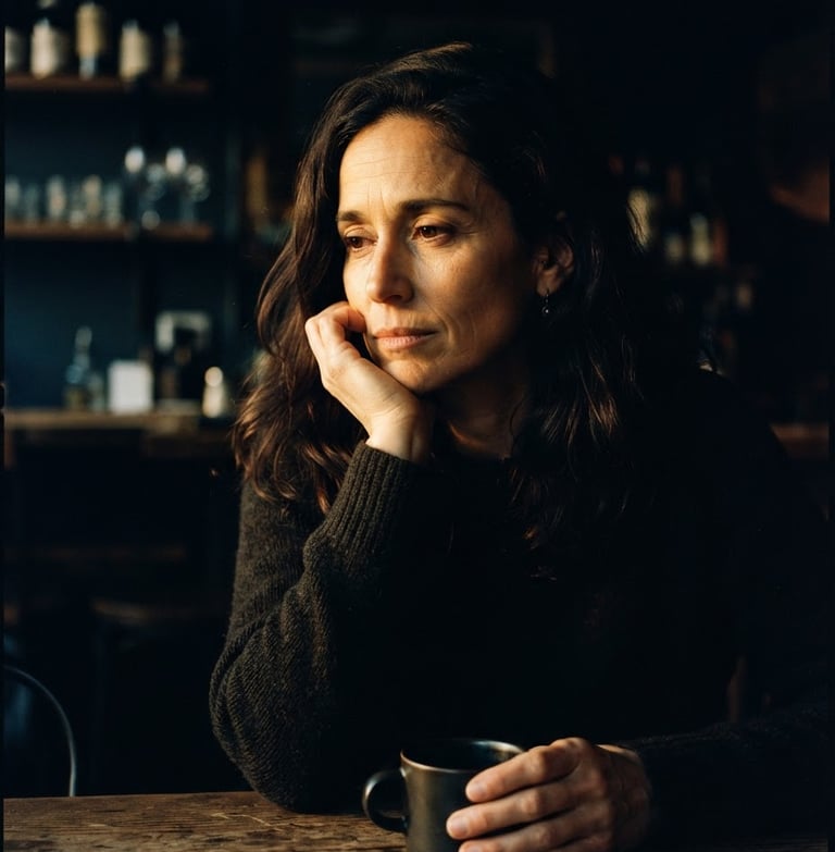Cinematic low-key portrait of a woman in deep contemplation, soft golden-hour light cutting through dark shadows, warm and intimate atmosphere, 35mm film grain
