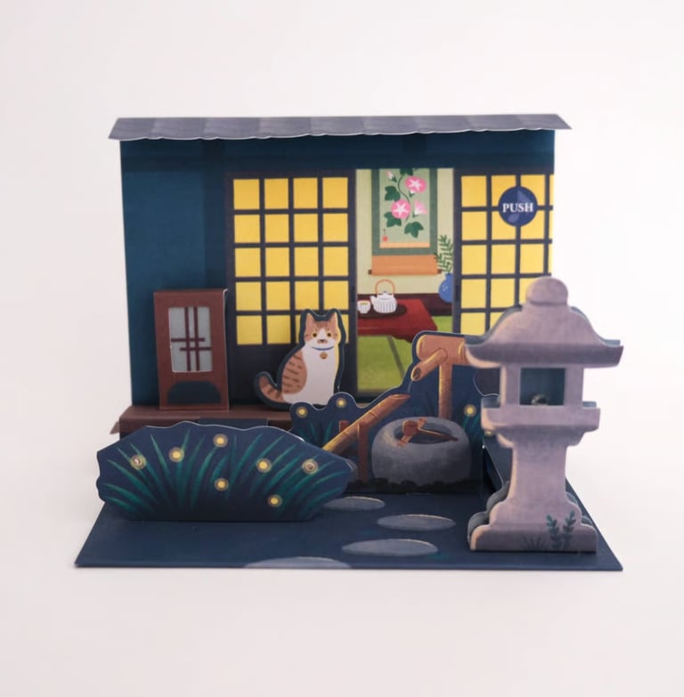 A 3D Japanese pop-up card featuring a calico cat in a traditional garden with a stone lantern and shoji screen.