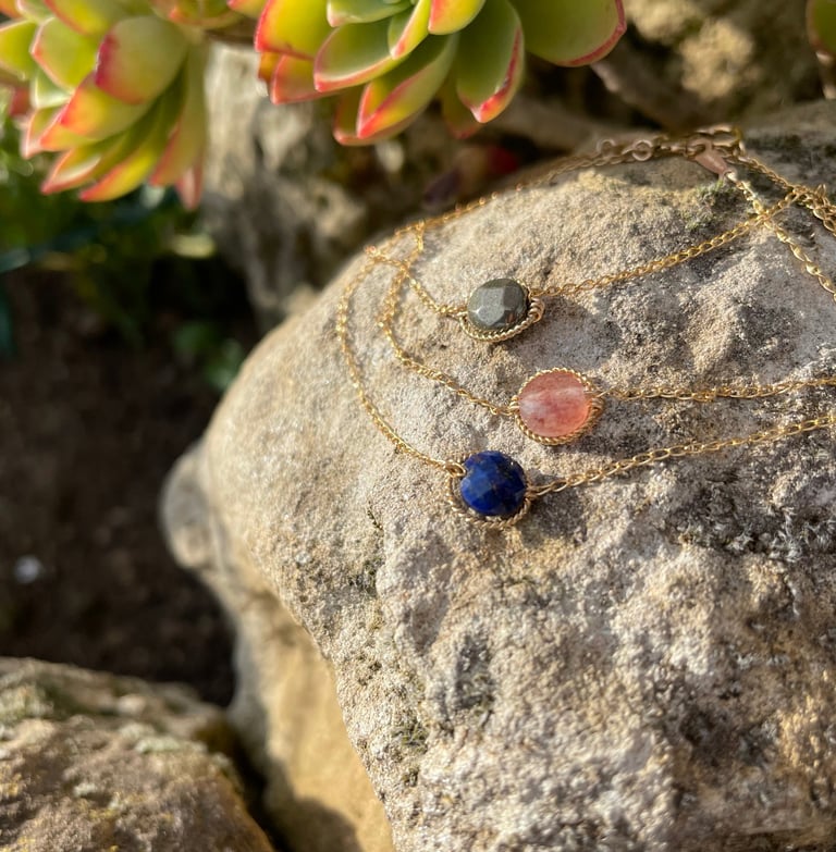a necklace with a necklace with a blue and yellow necklace
